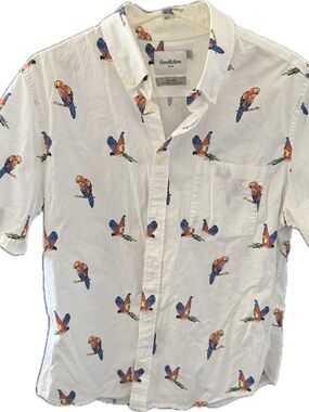 Goodfellow & Co White Short Sleeve Button-Down with Colorful Parrot Print